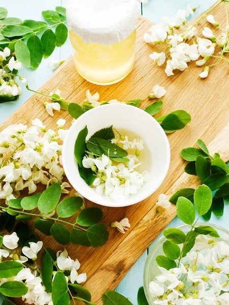 Acacia Syrup Homemade Honey Flowers Wood Shallow Dof — Stock Photo, Image