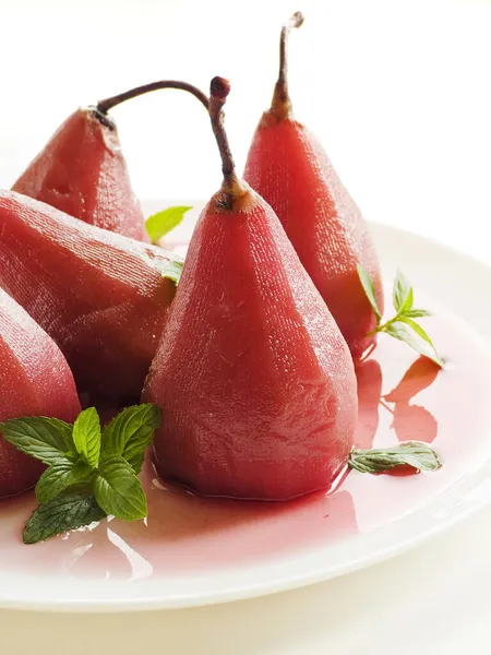 Christmas Dessert Poached Mulled Pears Red Wine Plate Shallow Dof — Stock Photo, Image