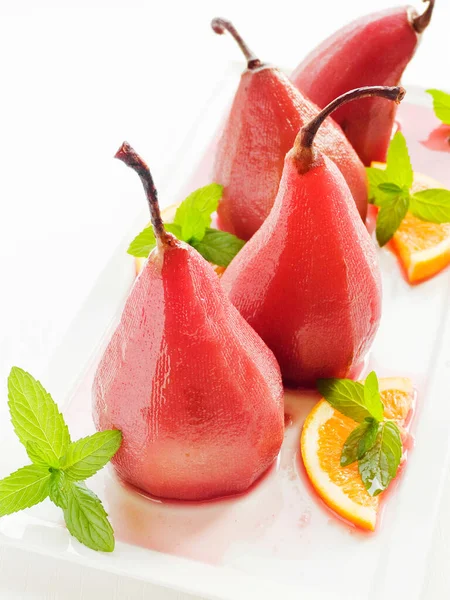 Christmas Dessert Poached Mulled Pears Red Wine Plate Shallow Dof — Stock Photo, Image