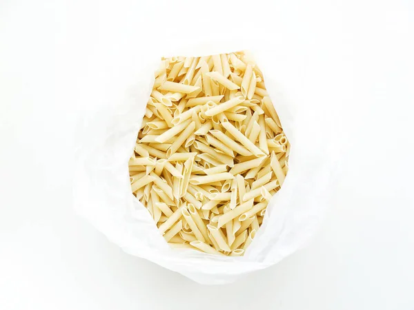 Penne Macarrão Italiano Saco Plástico Dof Rasa — Fotografia de Stock