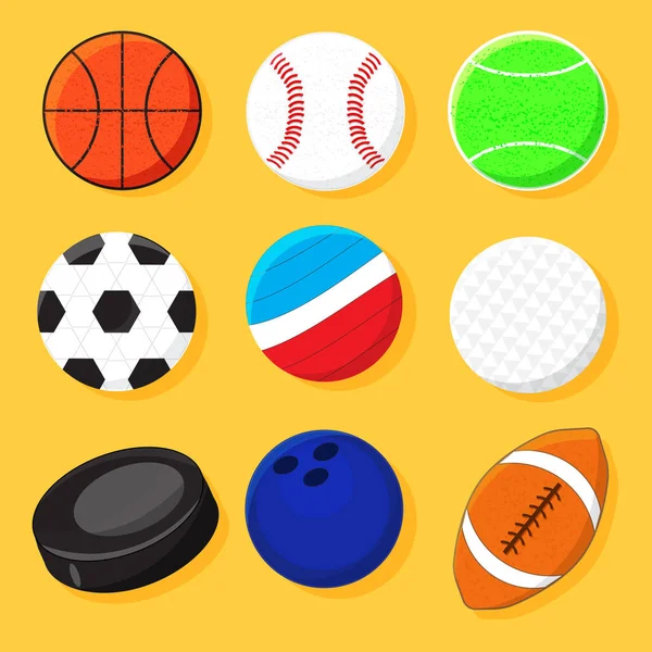 さまざまな種類のスポーツボールとホッケーパックのセット ベクターイラスト — ストックベクタ