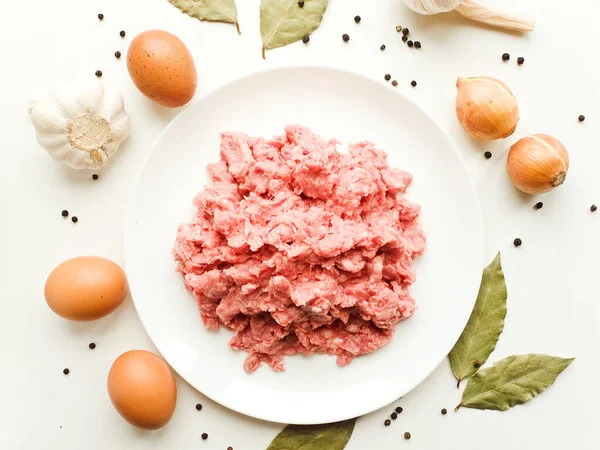 Viande Hachée Herbes Épices Dans Assiette Dof Peu Profond — Photo