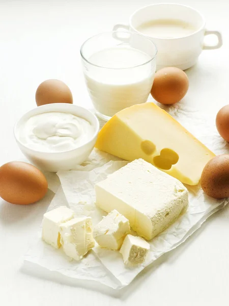 Dairy Food Products Eggs White Wooden Table Shallow Dof — Stock Photo, Image