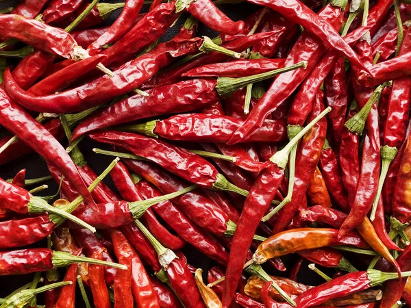 Dried Red Hot Chili Pepper Background Top View Shallow Dof — Stock Photo, Image