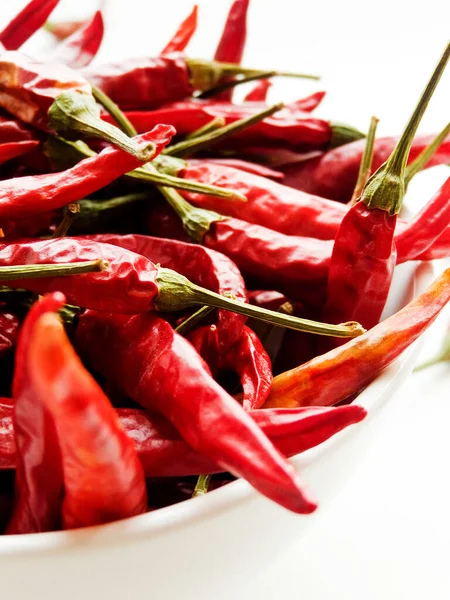 Dried Red Hot Chili Pepper Bowl White Background Shallow Dof — Stock Photo, Image