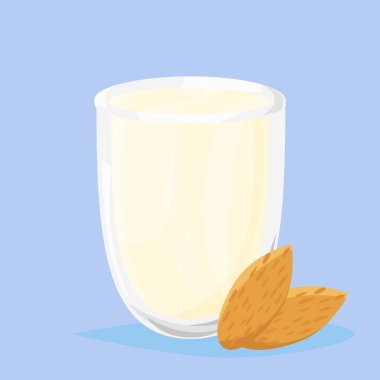Bir bardak badem sütü ve fındık. Vektör illüstrasyonu.