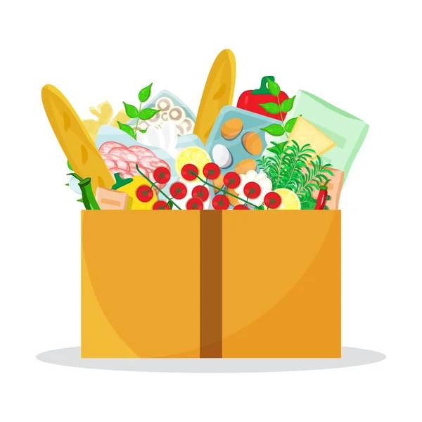 Boîte Carton Pleine Produits Alimentaires Livraison Nourriture Illustration Vectorielle Plate — Image vectorielle