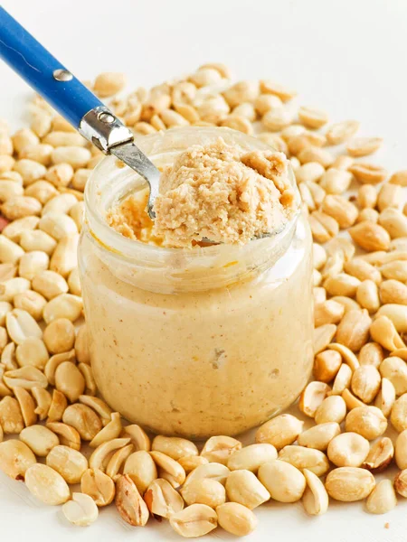 Small Glass Jar Peanut Butter Closeup Shot Shallow Dof — Stock Photo, Image