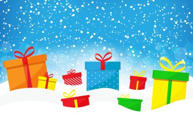 Blue Christmas background with snow and gift boxes. Vector illustration flat.