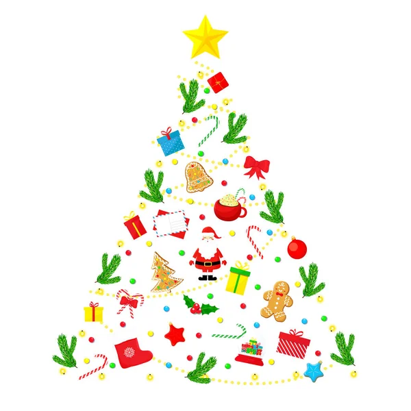 Geleneksel Noel Elementlerinden Yapılmış Ağaç Süsü Vektör Illüstrasyon Düzlüğü — Stok Vektör