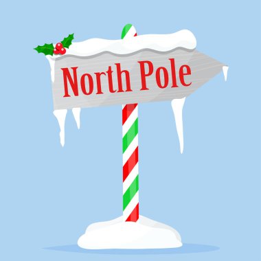 Noel Kuzey Kutbu tabelası süslerle ve karla süslenmiş. Vektör illüstrasyon düzlüğü.