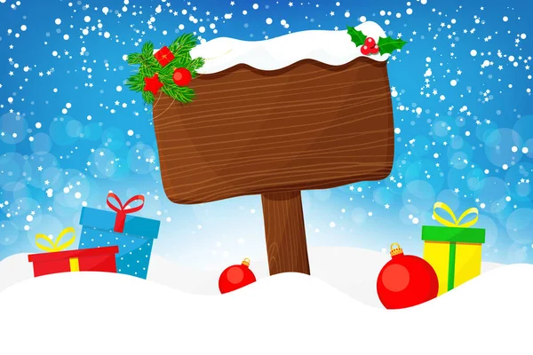 Різдвяний Фон Дерев Яний Знак Снігу Стоїть Навколо Подарункових Коробок — стоковий вектор