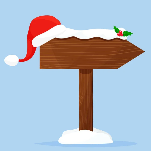 Χριστουγεννιάτικη Ξύλινη Πινακίδα Διακοσμημένη Καπέλο Και Χιόνι Εικονογράφηση Διάνυσμα Επίπεδη — Διανυσματικό Αρχείο