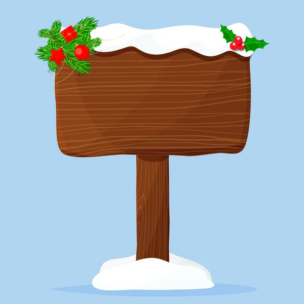 Vánoční Dřevěná Cedule Zdobená Ozdobami Sněhem Vektorová Ilustrace Plochá — Stockový vektor