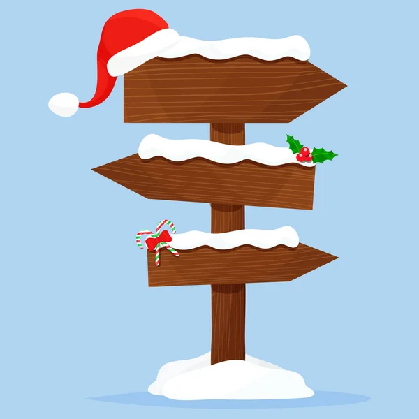 Різдвяний Дерев Яний Знак Прикрашений Прикрасами Снігом Векторні Ілюстрації Плоскі — стоковий вектор