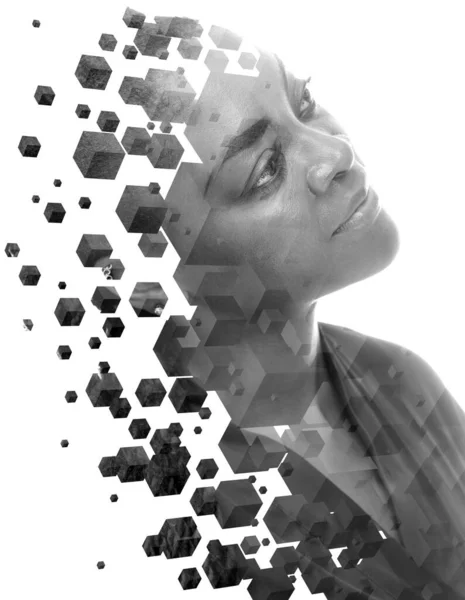 A black and white portrait of a young woman combined with multiple 3D cubes. — Stock Photo, Image