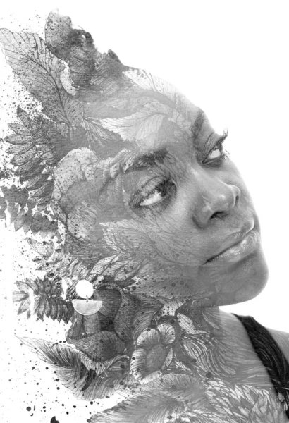 Paintography. A painting of leaves and flowers combined with a portrait of an attractive black woman — Stock Photo, Image