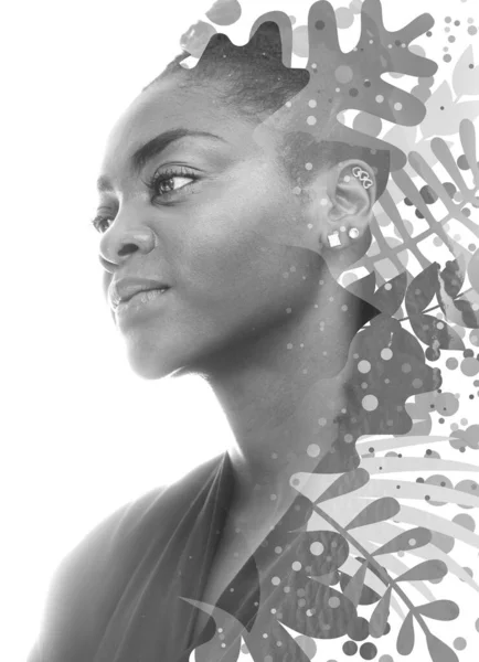 A double exposure portrait of an African American woman combined with digital graphics. — Stock Photo, Image