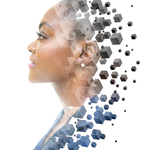 A profile portrait of an African American woman combined with black 3D cubes in a double exposure technique. — Stock Photo, Image