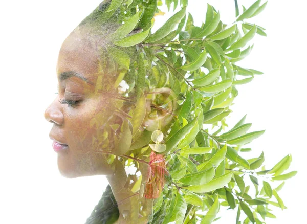 Портрет афро - американської жінки, що розчиняється у свіжому зеленому листі.. — стокове фото