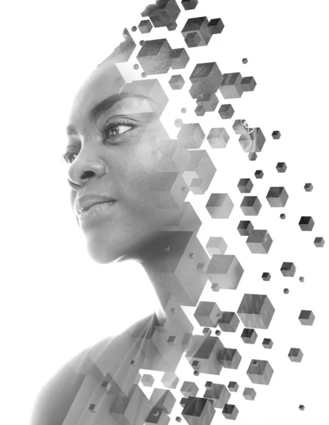 A black and white portrait of an African American woman combined with various 3D cubes. — Stock Photo, Image