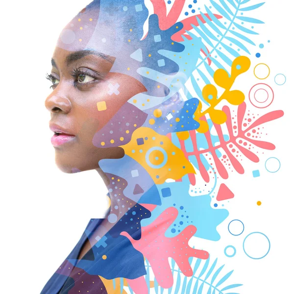 Портрет афро - американської жінки в поєднанні з цифровим зображенням листя.. — стокове фото