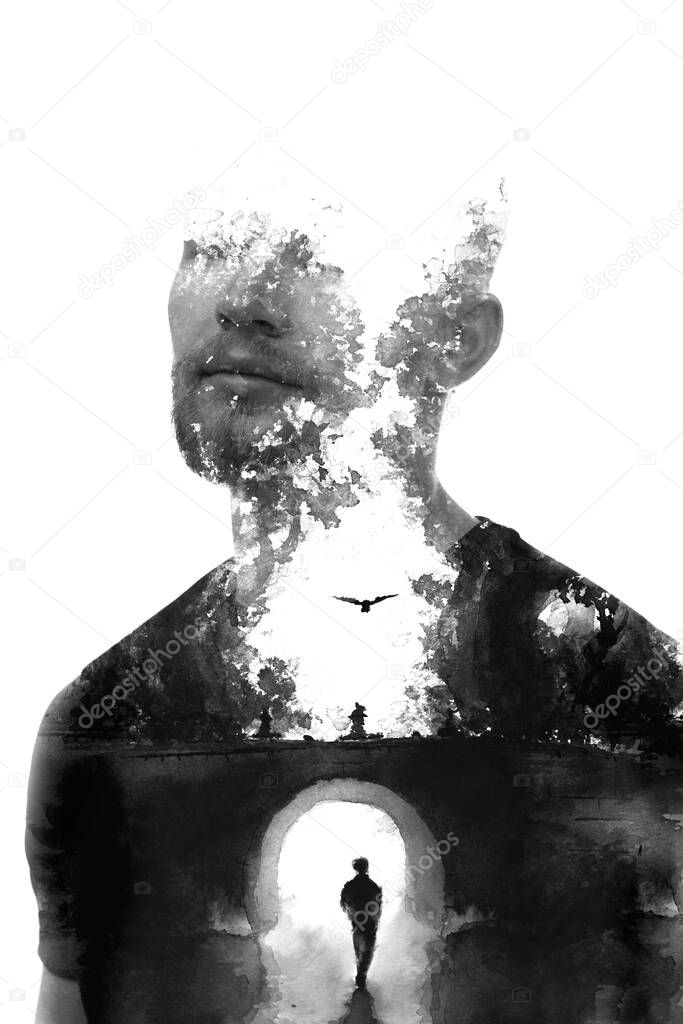 A black and white portrait of a man combined with a painting. Paintography.