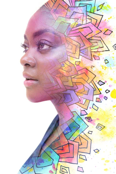 A portrait of a woman combined with various abstract ink shapes in a paintography technique. — Stock Photo, Image