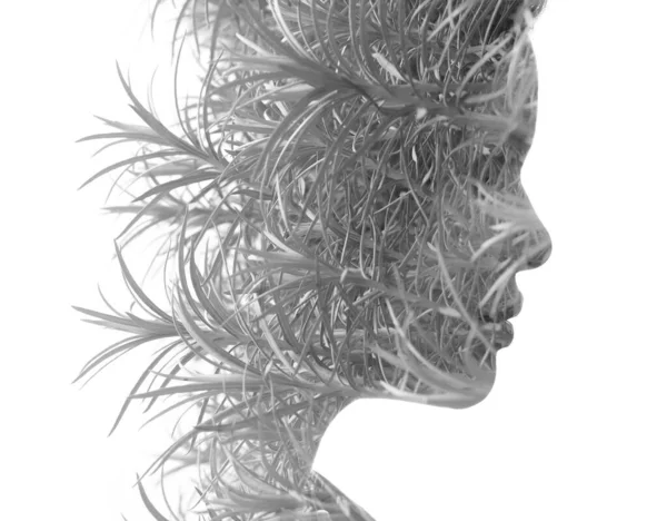 A black and white portrait of a woman combined with an image of rosemary twigs. — Stock Photo, Image