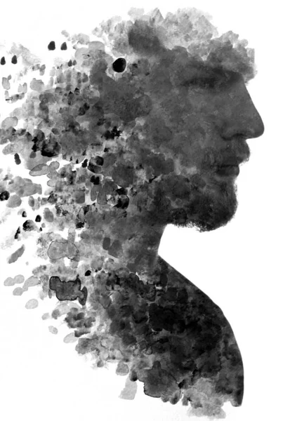 Malířství. Portrét muže v kombinaci s různými inkoustovými skvrnami. — Stock fotografie