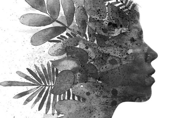 Paintography. Hand drawn plants combined with a profile portrait. Low key — Stock Photo, Image