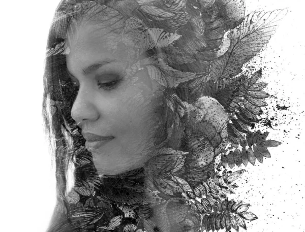 Paintography. Expressive artistic double exposure is a result of combination of a painting with a portrait — Stock Photo, Image