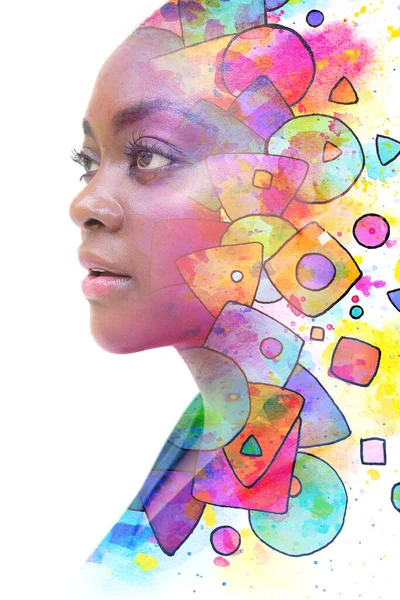 Paintography. A portrait of a young woman combined with abstract geometric shapes. — Stock Photo, Image
