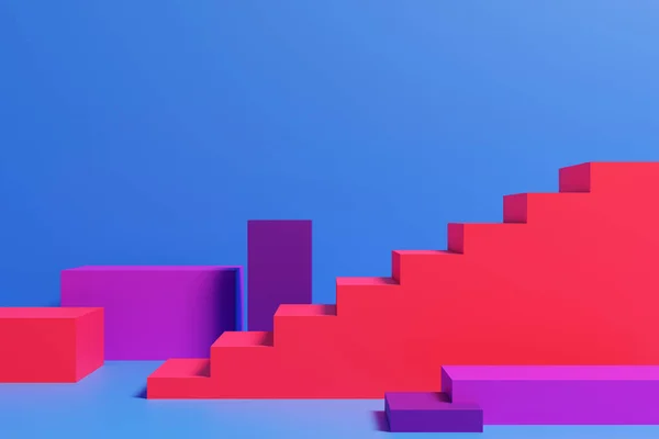 幾何学的な形状と赤い階段のカラフルな3Dイラスト. — ストック写真