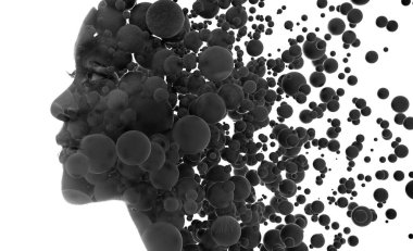 Afrikalı bir kadının siyah beyaz portresi. Çoklu akış 3 boyutlu kürelerle birleştirilmiş..