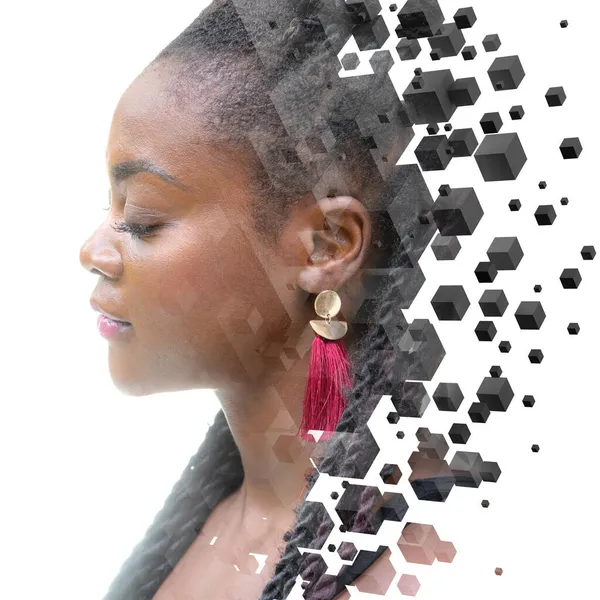 A profile portrait of a lovely woman combined with multiple 3D cubes. — Stock Photo, Image