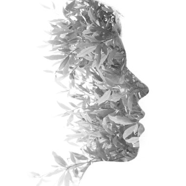 Sanatsal portre. Profil silueti bir ağaçla birleştirildi