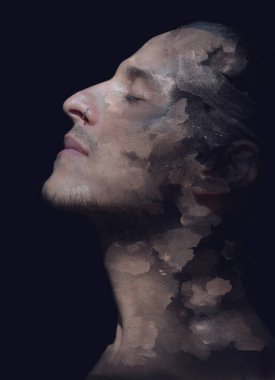 Paintografi. Çift pozlama portrede zihinsel sağlık konsepti resmedilmiş. Siyah bir arkaplanda izole edilmiş