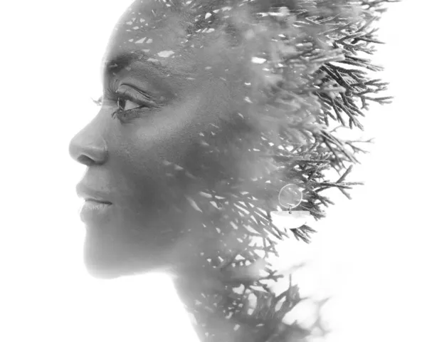 Двойная экспозиция черно-белого портрета молодой женщины в сочетании с хвойным растением. — стоковое фото
