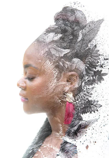 Paintography. A double exposure portrait of an African American woman combined foliage painted in ink. — Stock Photo, Image