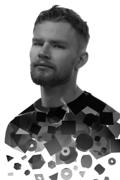 Un portret alb-negru al unui om combinat cu diferite forme geometrice 3D. — Fotografie, imagine de stoc