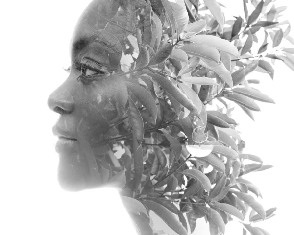 Retrato de perfil combinado com folhagem fresca numa técnica de dupla exposição. — Fotografia de Stock