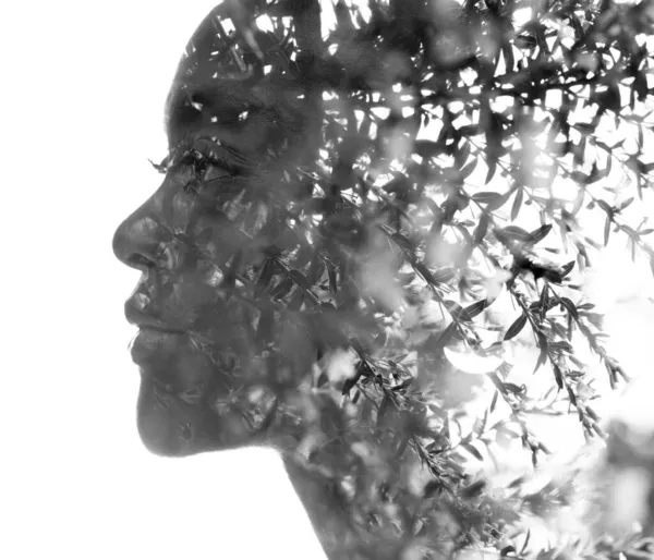 Retrato en blanco y negro de una mujer combinada con la naturaleza en una técnica de doble exposición. — Foto de Stock