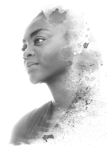 Paintography. A black and white portrait of a female model combined with watercolor splashes. — Stock Photo, Image