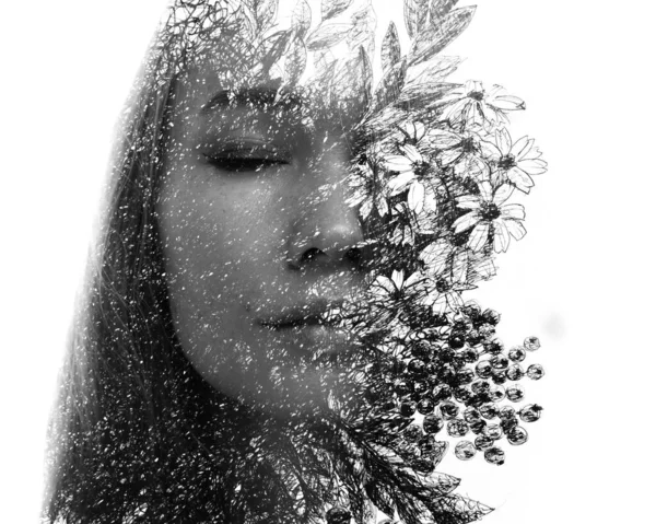 A portrait of a woman combined with an ink painting of flowers. Paintography. — Stock Photo, Image