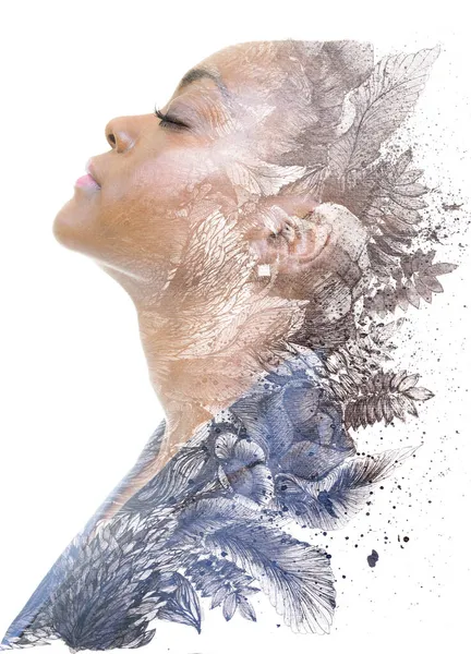 Paintography. A profile portrait of a female model combined with an ink painting. — Stock Photo, Image