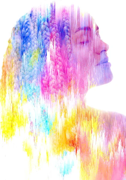 Doppelbelichtung einer Frau kombiniert mit digitaler Kunst. — Stockfoto