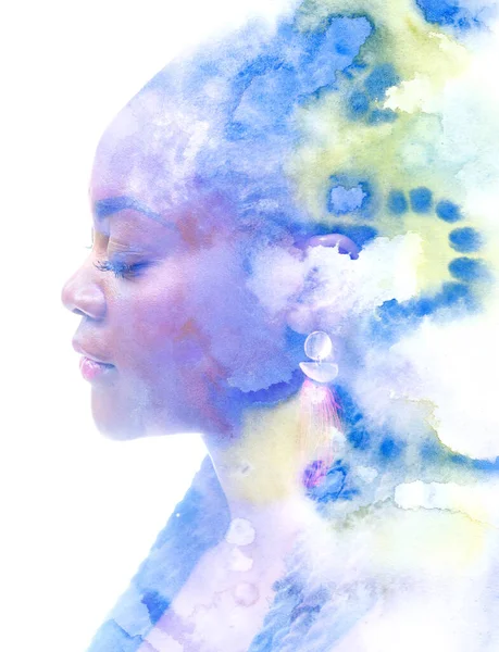 Profile Portrait Lovely Woman Combined Abstract Watercolor Painting Paintography — Stock Photo, Image