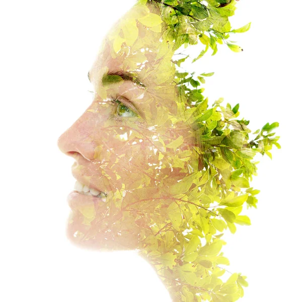 Double Exposure Portrait Female Model Combined Image Vibrant Plant — Stock Photo, Image