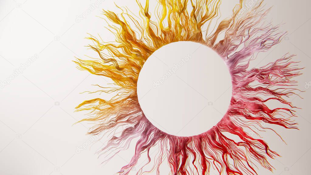 Realistic 3D illustration of a round frame formed by countless colorful threads